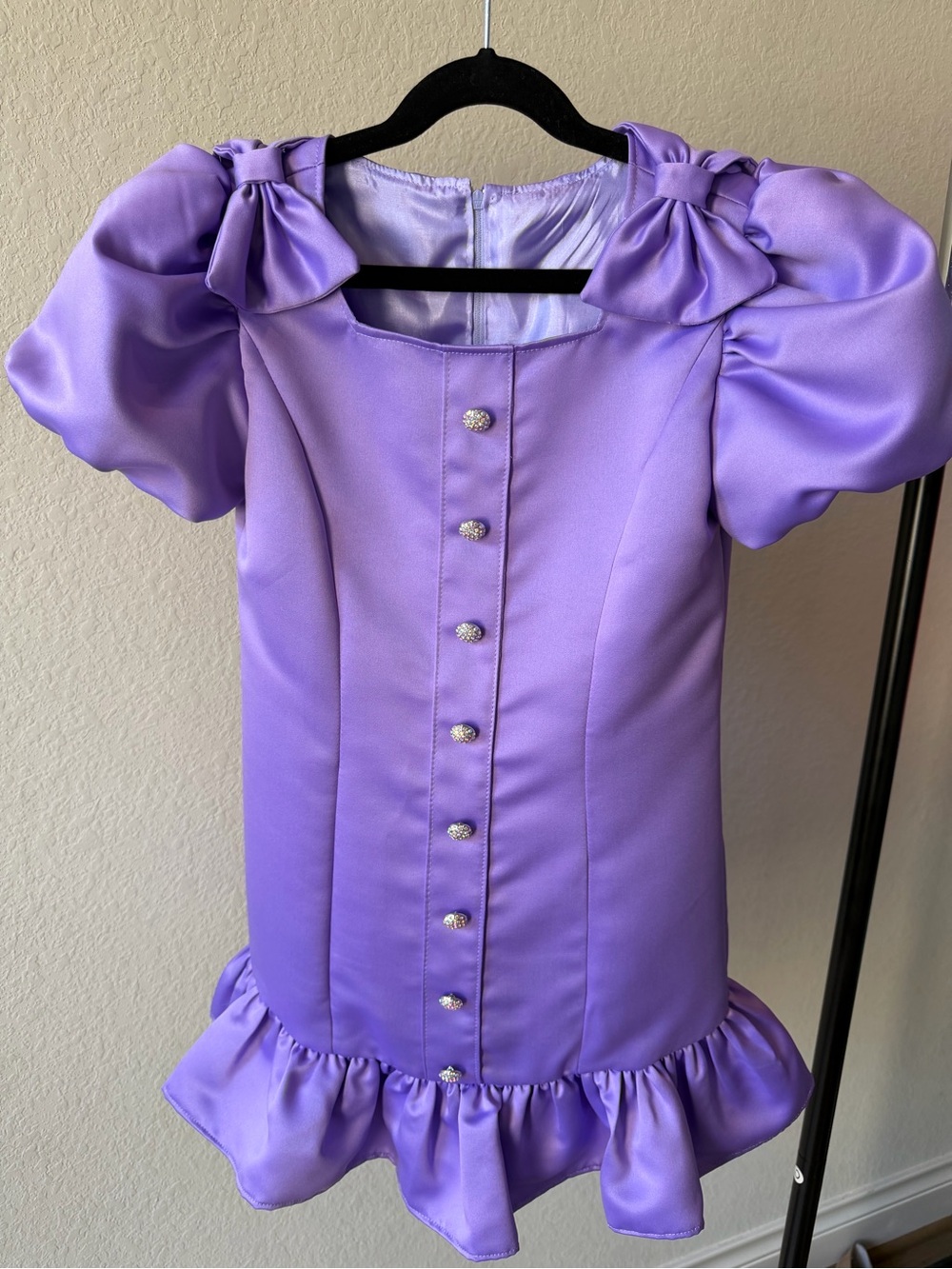 Lilac Satin Puff-Sleeve Mini Dress with Ruffle Hem Girls Size 10/12